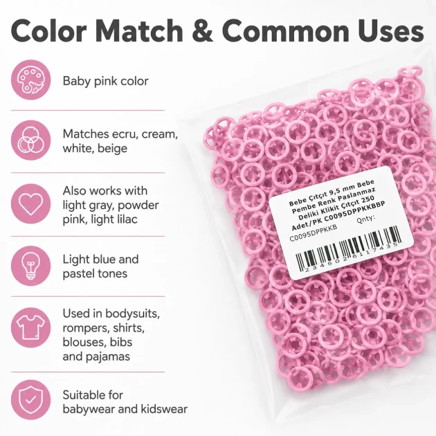 9.5 mm / 0.37 in Baby Pink Stainless Eyelet-Style Klıkit Baby Snap Fastener for babywear and children's clothing