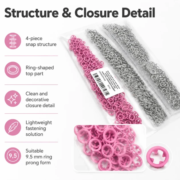 9.5 mm / 0.37 in Baby Pink Stainless Eyelet-Style Klıkit Baby Snap Fastener for babywear and children's clothing