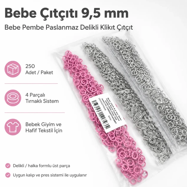 9.5 mm / 0.37 in Baby Pink Stainless Eyelet-Style Klıkit Baby Snap Fastener for babywear and children's clothing