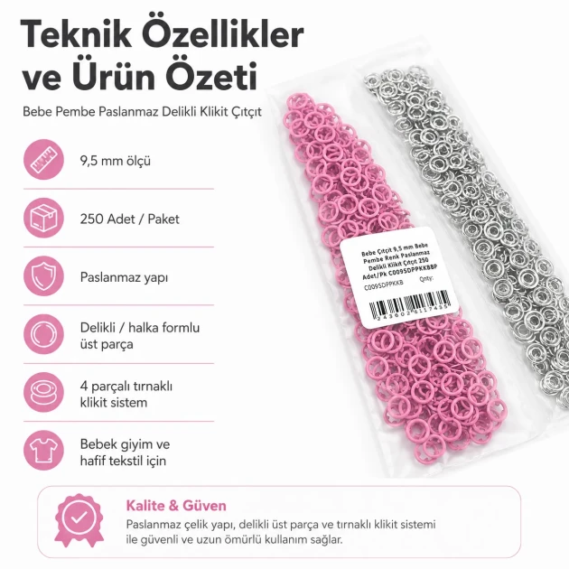 9.5 mm / 0.37 in Baby Pink Stainless Eyelet-Style Klıkit Baby Snap Fastener for babywear and children's clothing