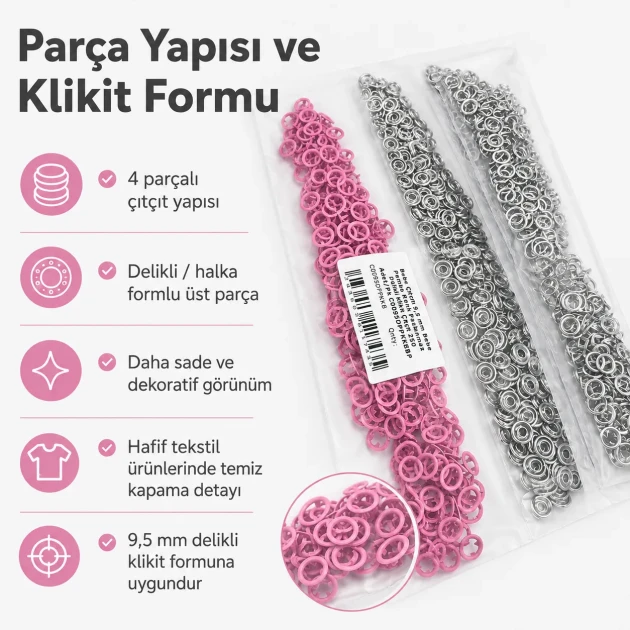 9.5 mm / 0.37 in Baby Pink Stainless Eyelet-Style Klıkit Baby Snap Fastener for babywear and children's clothing