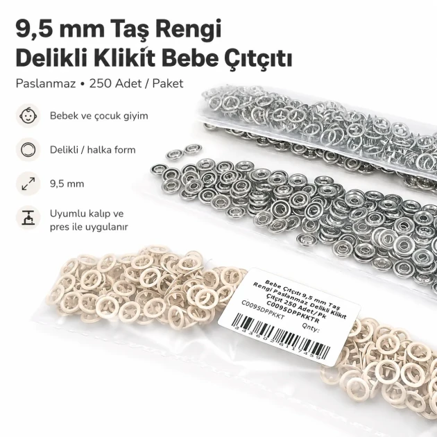 9.5 mm / 0.37 in Dark Green Stainless Eyelet-Style Klıkit Baby Snap Fastener for Babywear and Children's Clothing
