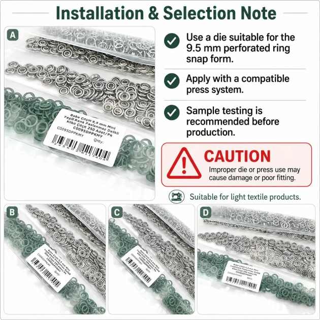 9.5 mm Mint Green Stainless Eyelet-Style Klıkit Baby Snap Fastener Set for Babywear and Light Textiles