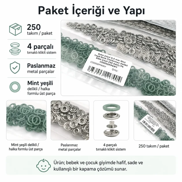 9.5 mm Mint Green Stainless Eyelet-Style Klıkit Baby Snap Fastener Set for Babywear and Light Textiles