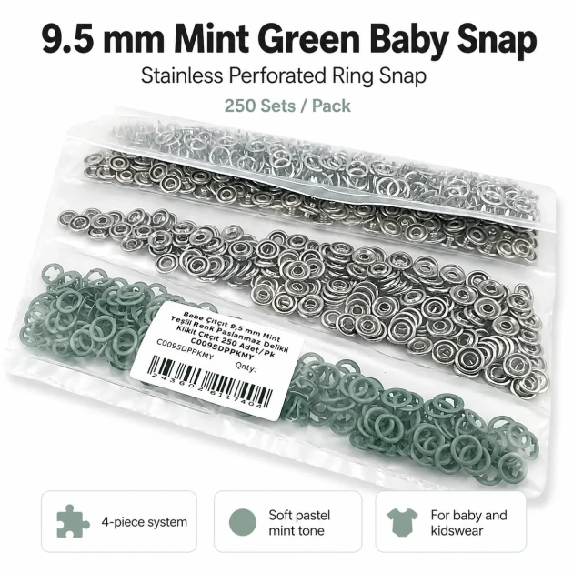9.5 mm Mint Green Stainless Eyelet-Style Klıkit Baby Snap Fastener Set for Babywear and Light Textiles