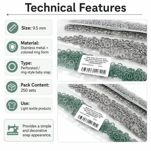 9.5 mm Mint Green Stainless Eyelet-Style Klıkit Baby Snap Fastener Set for Babywear and Light Textiles