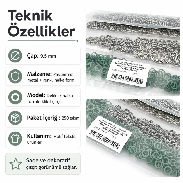 9.5 mm Mint Green Stainless Eyelet-Style Klıkit Baby Snap Fastener Set for Babywear and Light Textiles