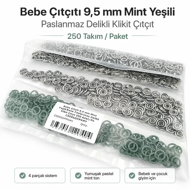 9.5 mm Mint Green Stainless Eyelet-Style Klıkit Baby Snap Fastener Set for Babywear and Light Textiles