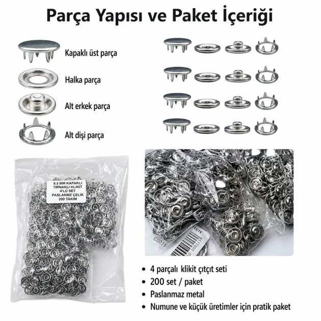 Bebe Çıtçıtı 9,5 mm Paslanmaz Kapaklı Klikıt Çıtçıt 200 Adet/Pk C0095KPPK - Paslanmaz metal kapaklı bebek giyimde kullanıma