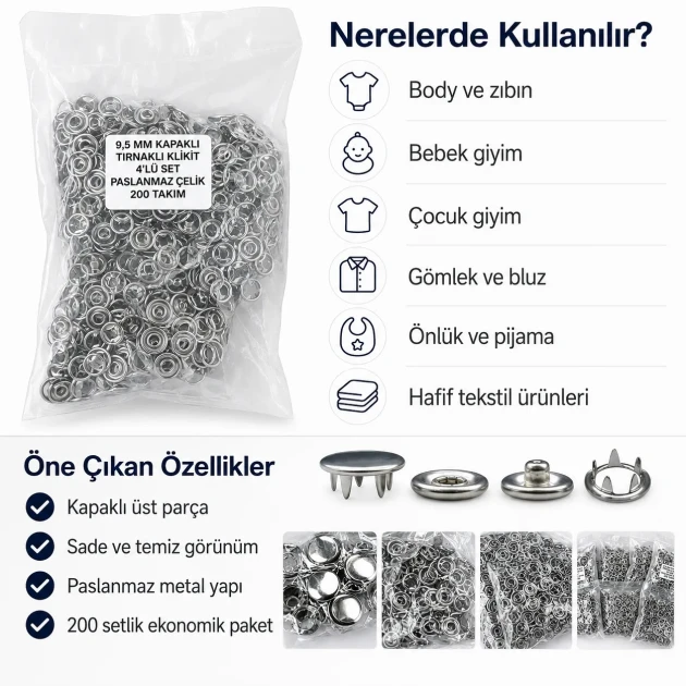 Bebe Çıtçıtı 9,5 mm Paslanmaz Kapaklı Klikıt Çıtçıt 200 Adet/Pk C0095KPPK - Paslanmaz metal kapaklı bebek giyimde kullanıma