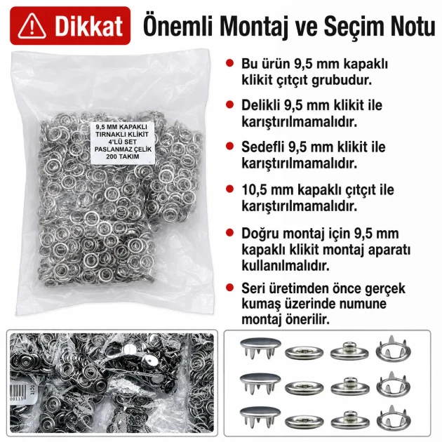 Bebe Çıtçıtı 9,5 mm Paslanmaz Kapaklı Klikıt Çıtçıt 200 Adet/Pk C0095KPPK - Paslanmaz metal kapaklı bebek giyimde kullanıma