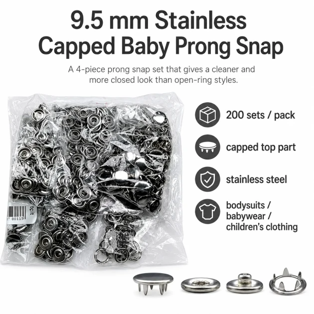Bebe Çıtçıtı 9,5 mm Paslanmaz Kapaklı Klikıt Çıtçıt 200 Adet/Pk C0095KPPK - Paslanmaz metal kapaklı bebek giyimde kullanıma
