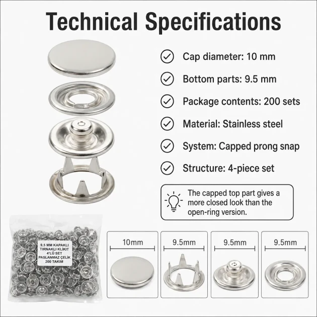 Bebe Çıtçıtı 9,5 mm Paslanmaz Kapaklı Klikıt Çıtçıt 200 Adet/Pk C0095KPPK - Paslanmaz metal kapaklı bebek giyimde kullanıma