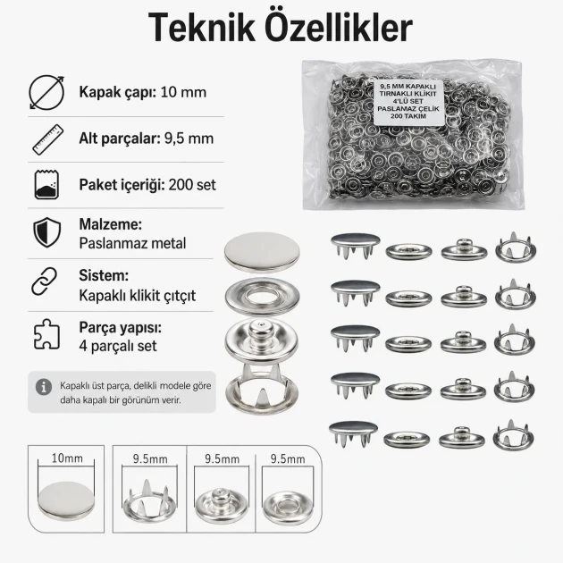 Bebe Çıtçıtı 9,5 mm Paslanmaz Kapaklı Klikıt Çıtçıt 200 Adet/Pk C0095KPPK - Paslanmaz metal kapaklı bebek giyimde kullanıma