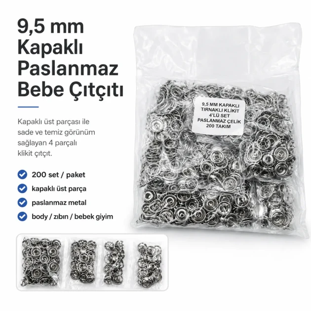 Bebe Çıtçıtı 9,5 mm Paslanmaz Kapaklı Klikıt Çıtçıt 200 Adet/Pk C0095KPPK - Paslanmaz metal kapaklı bebek giyimde kullanıma