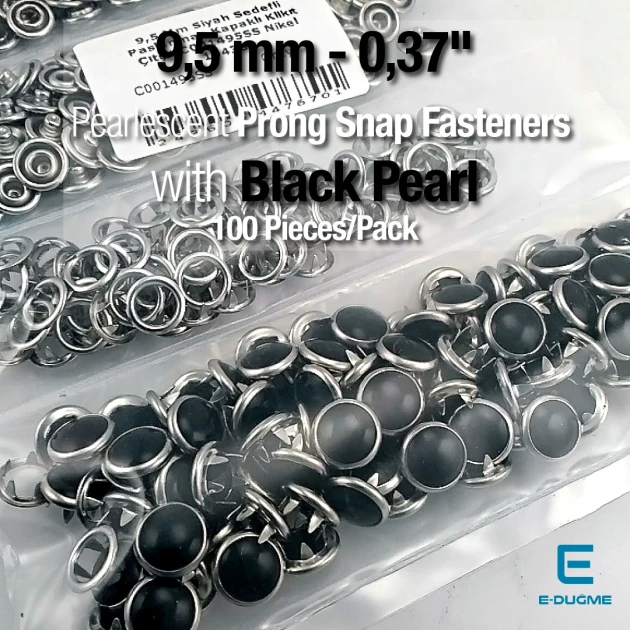 9.5 mm Black Pearl Stainless Baby Snap Fasteners, 100 Sets – C0095SPPKBLK