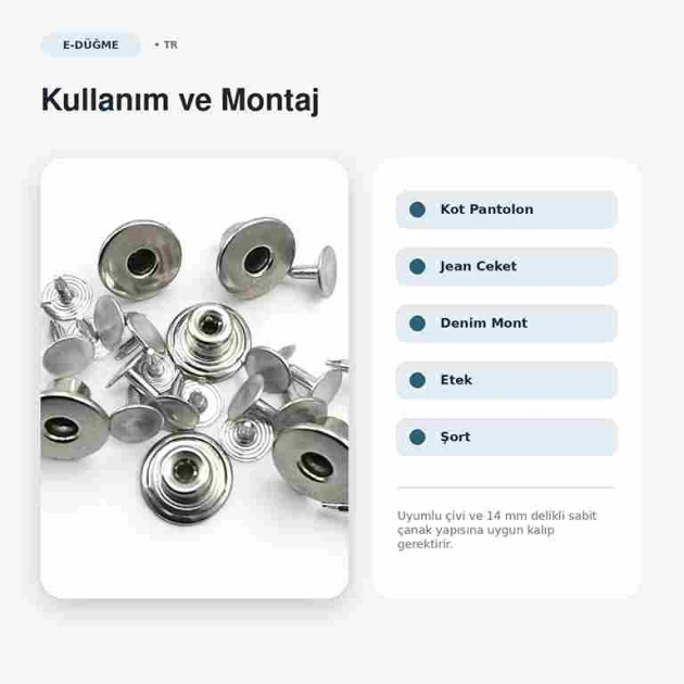 14 mm Delikli Kot Düğmesi Nikel Sabit Çanaklı, 100 Adet/Paket, Jean pantolon ve çanta detayları için ideal