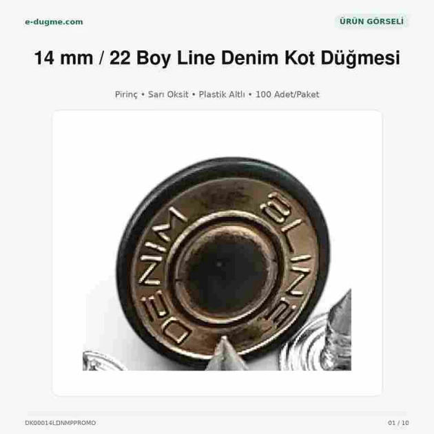 14 mm kot düğmesi, sarı oksit kaplama, plastik altlı, çanta ve mont kullanımına uygun, 100 adet paket
