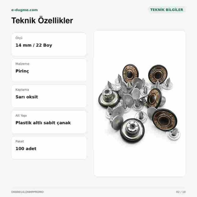 14 mm kot düğmesi, sarı oksit kaplama, plastik altlı, çanta ve mont kullanımına uygun, 100 adet paket