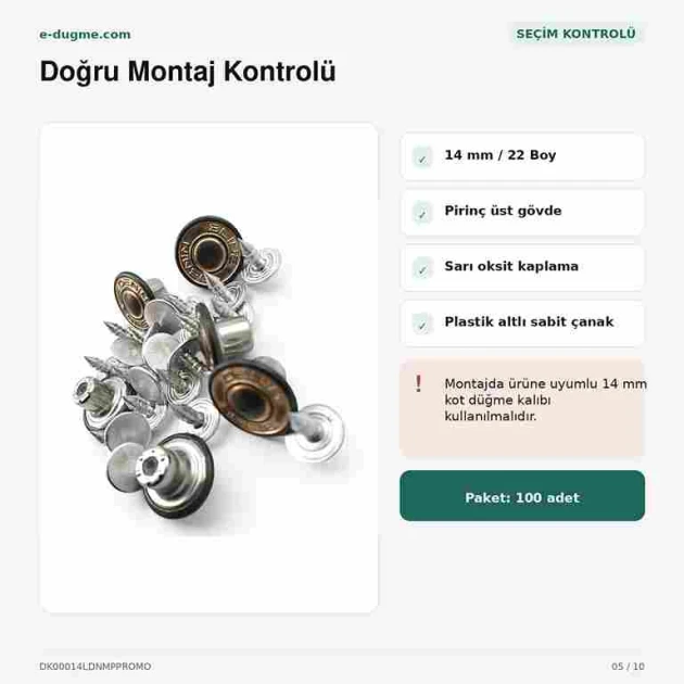14 mm kot düğmesi, sarı oksit kaplama, plastik altlı, çanta ve mont kullanımına uygun, 100 adet paket