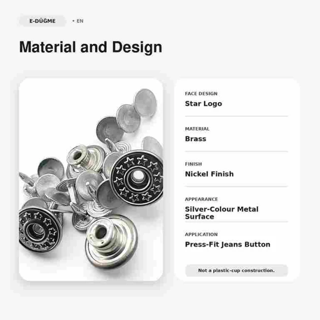 14 mm Star Logo Brass Jeans Button in Nickel Color, Pack of 75, Ideal for Denim Garments