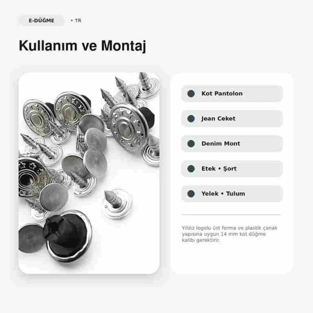 14 mm Yıldız Logolu Nikel Kot Düğmesi, 75 Adet/Paket, Pirinç ve Plastik Malzeme, Denim Ürünler İçin Uygun