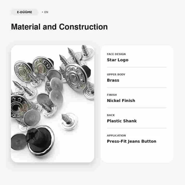 14 mm Yıldız Logolu Nikel Kot Düğmesi, 75 Adet/Paket, Pirinç ve Plastik Malzeme, Denim Ürünler İçin Uygun