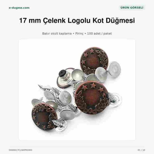 17 mm Çelenk Logolu Kot Düğmesi Bakır Oksit Renk 100 Adet/Paket, dayanıklı metalik siyah kaplama ile jean pantolon, kot