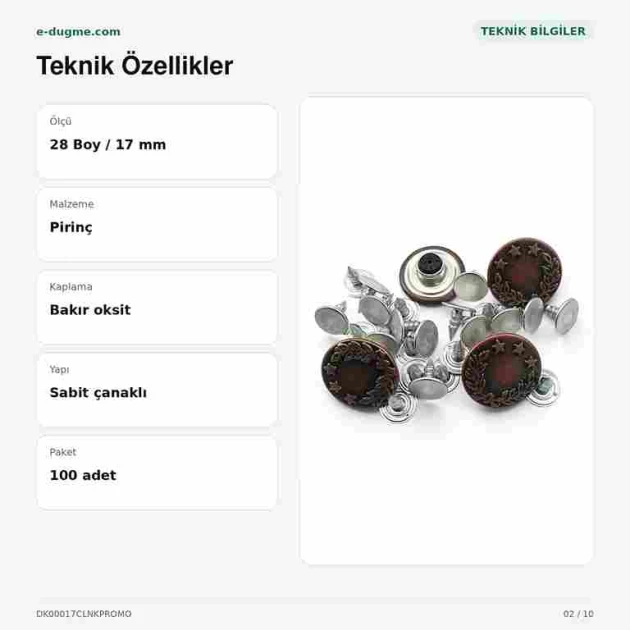 17 mm Çelenk Logolu Kot Düğmesi Bakır Oksit Renk 100 Adet/Paket, dayanıklı metalik siyah kaplama ile jean pantolon, kot