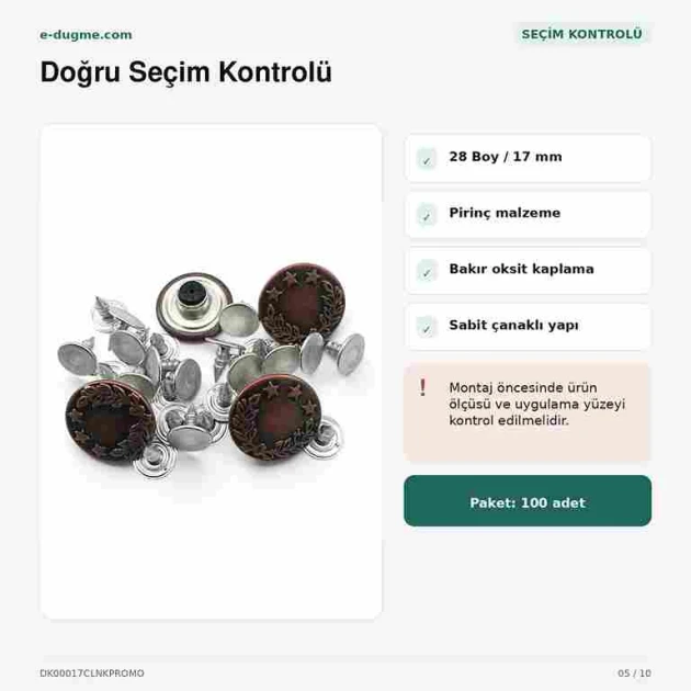 17 mm Çelenk Logolu Kot Düğmesi Bakır Oksit Renk 100 Adet/Paket, dayanıklı metalik siyah kaplama ile jean pantolon, kot