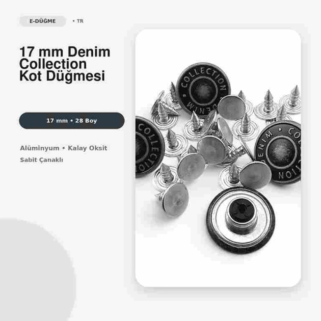 17 mm / 28 L Denim Collection logolu alüminyum kot düğmesi, kalay oksit kaplama, sabit çanaklı, 100 adet paket içeriği ile