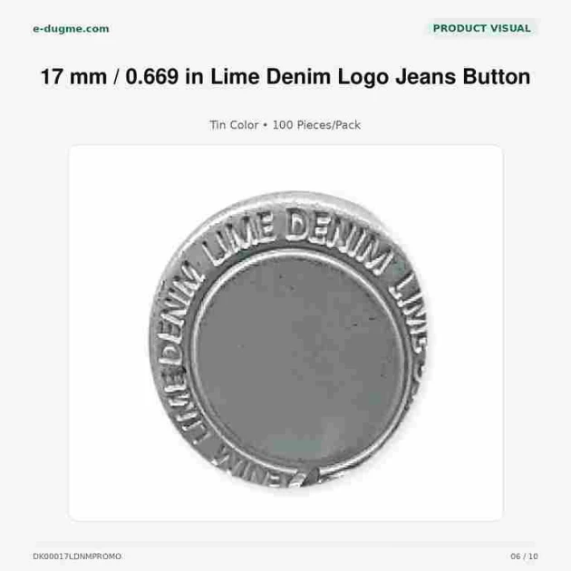 17 mm Lime Denim Logo Tin-Color Jeans Button Pack of 100, high-quality metal buttons for trousers, jackets, and bags