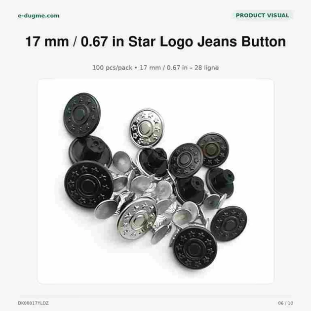 17 mm / 0.67 in Star Logo Jeans Button with Plastic Back, 100 pcs/Pack, durable metal buttons for denim projects