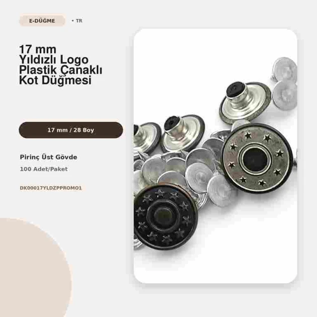 17 mm Yıldızlı Logo Kot Düğmesi, çakmalı pantolon düğmesi, denim ürünleri için uygun, pirinç malzeme ve plastik çanaklı yapı