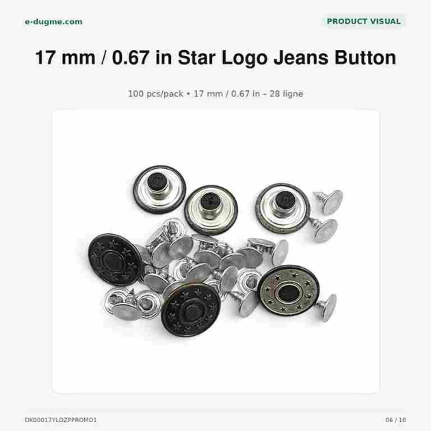 17 mm / 0.67 in Star Logo Jeans Button with Plastic Back, 100 pcs/Pack - Durable and Stylish Fastening for Denim Garments