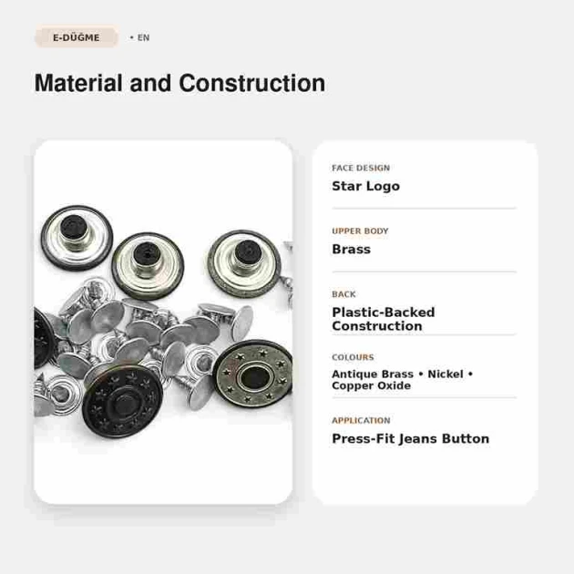17 mm Yıldızlı Logo Kot Düğmesi, çakmalı pantolon düğmesi, denim ürünleri için uygun, pirinç malzeme ve plastik çanaklı yapı