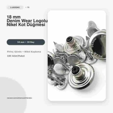 18 mm Kot Düğmesi Denim Wear Logolu Nikel Sabit Çanaklı 100 Adet/Paket DK00018DNMWEARPROMO