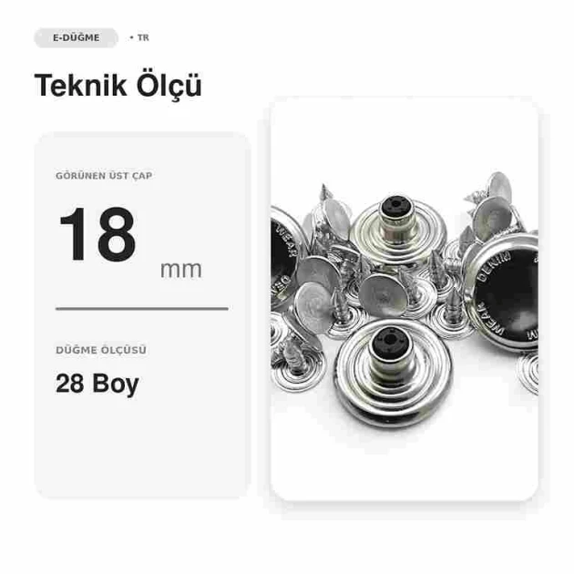 18 mm kot düğmesi, nikel kaplama, logolu, sabit çanaklı, 100 adet paket, denim giyim için ideal