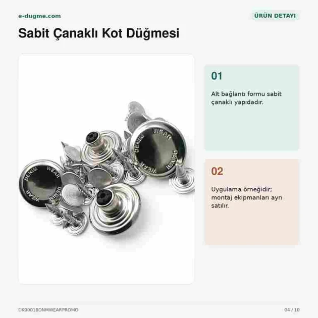 18 mm kot düğmesi, nikel kaplama, logolu, sabit çanaklı, 100 adet paket, denim giyim için ideal
