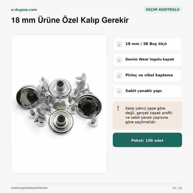 18 mm kot düğmesi, nikel kaplama, logolu, sabit çanaklı, 100 adet paket, denim giyim için ideal