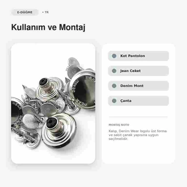 18 mm kot düğmesi, nikel kaplama, logolu, sabit çanaklı, 100 adet paket, denim giyim için ideal
