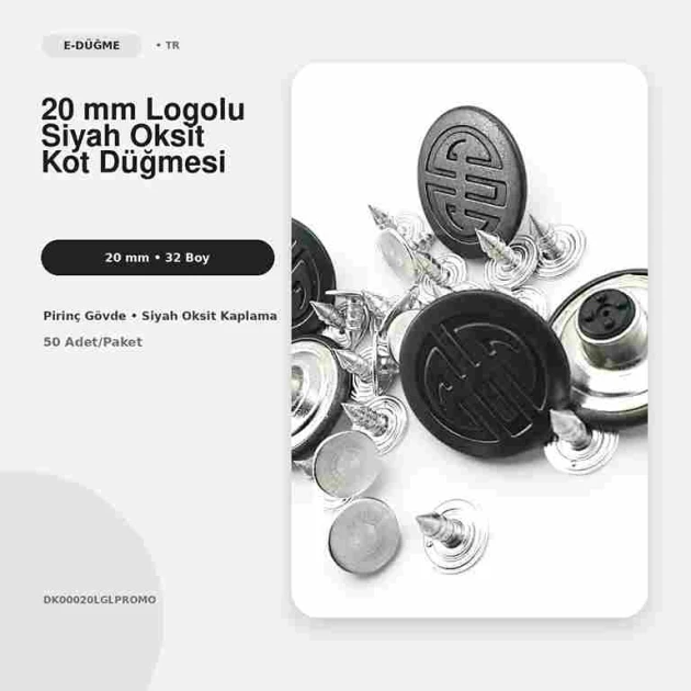 20 mm logolu siyah oksit kot düğmesi, dayanıklı bakır malzeme, 50 adet paket içeriği