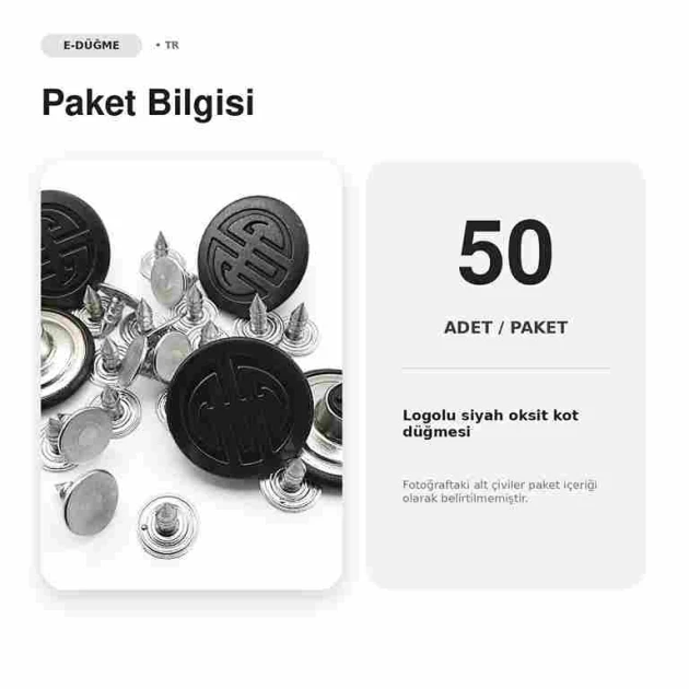 20 mm logolu siyah oksit kot düğmesi, dayanıklı bakır malzeme, 50 adet paket içeriği