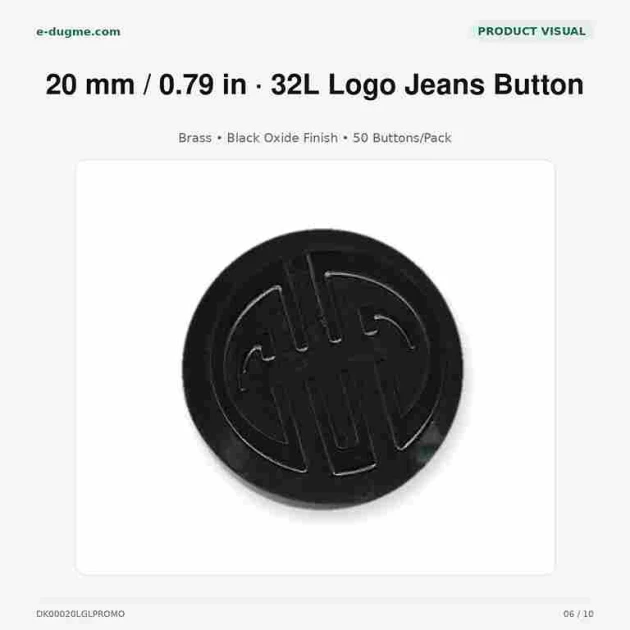 20 mm / 0.79 in 32L Black Oxide Jeans Button with Logo, Pack of 50 for Denim Projects