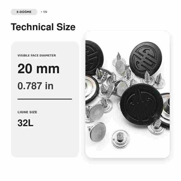 20 mm logolu siyah oksit kot düğmesi, dayanıklı bakır malzeme, 50 adet paket içeriği