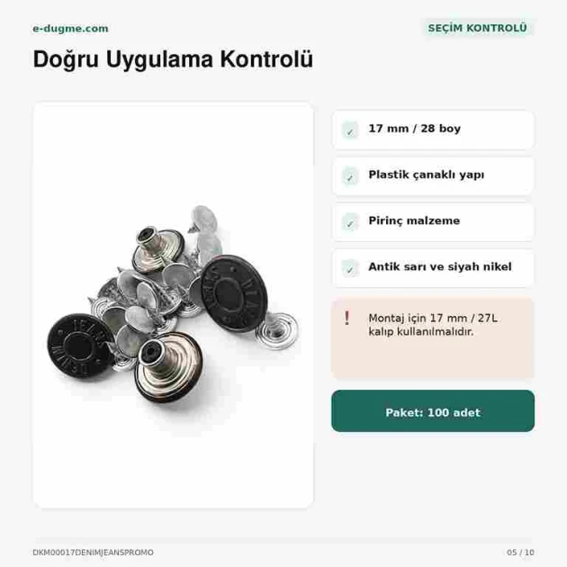 17 mm plastik çanaklı kot düğmesi, denim pantolon ve ceketler için ideal, 75 adet paket