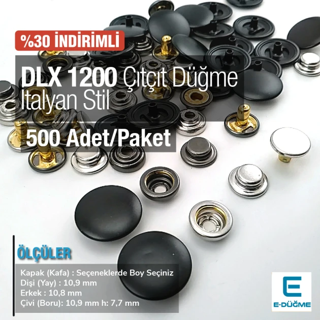 İtalyan Stil Bombeli Mont Çıtçıt Düğme 15 mm Kapaklı - Çıt Çıt Deluxe Serisi 1200 (500 Adet / Paket) DLX001200PROMO