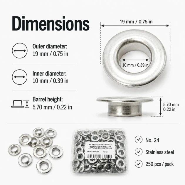 25/64" Eyelet Stainless Steel Free Nickel Inner Diameter 10 mm (250 Pcs/Pack) ER0024PPK