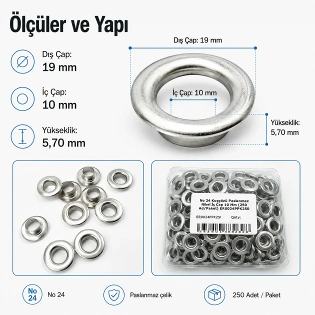 25/64" Eyelet Stainless Steel Free Nickel Inner Diameter 10 mm (250 Pcs/Pack) ER0024PPK