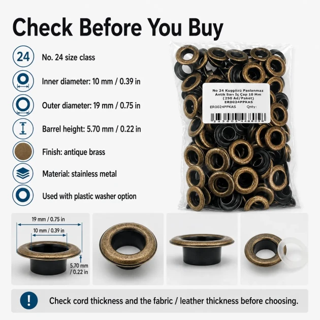 10 mm Antique Brass-Tone Stainless Metal Eyelet Capsule for Textile and Leather Applications, 250 pcs Pack